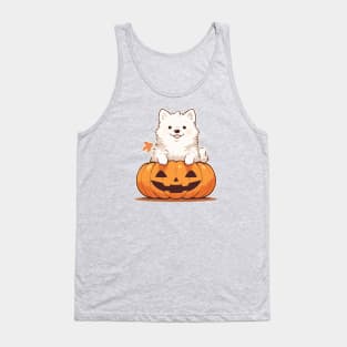 White fluffy dog in a pumpkin Tank Top